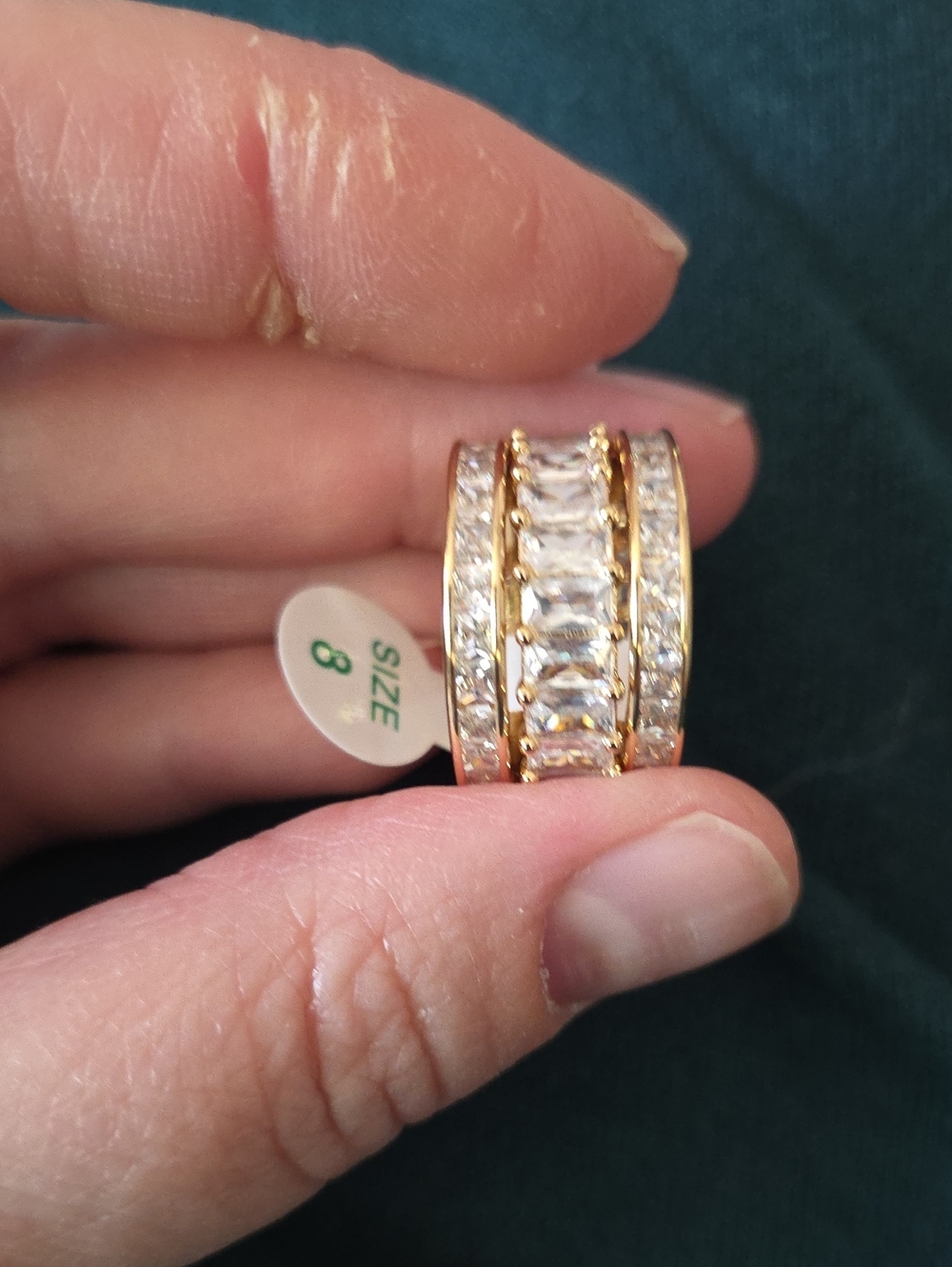 Gold Crystal Wide Band Rings with Clear Stones - Size 8 Is 3 Rings